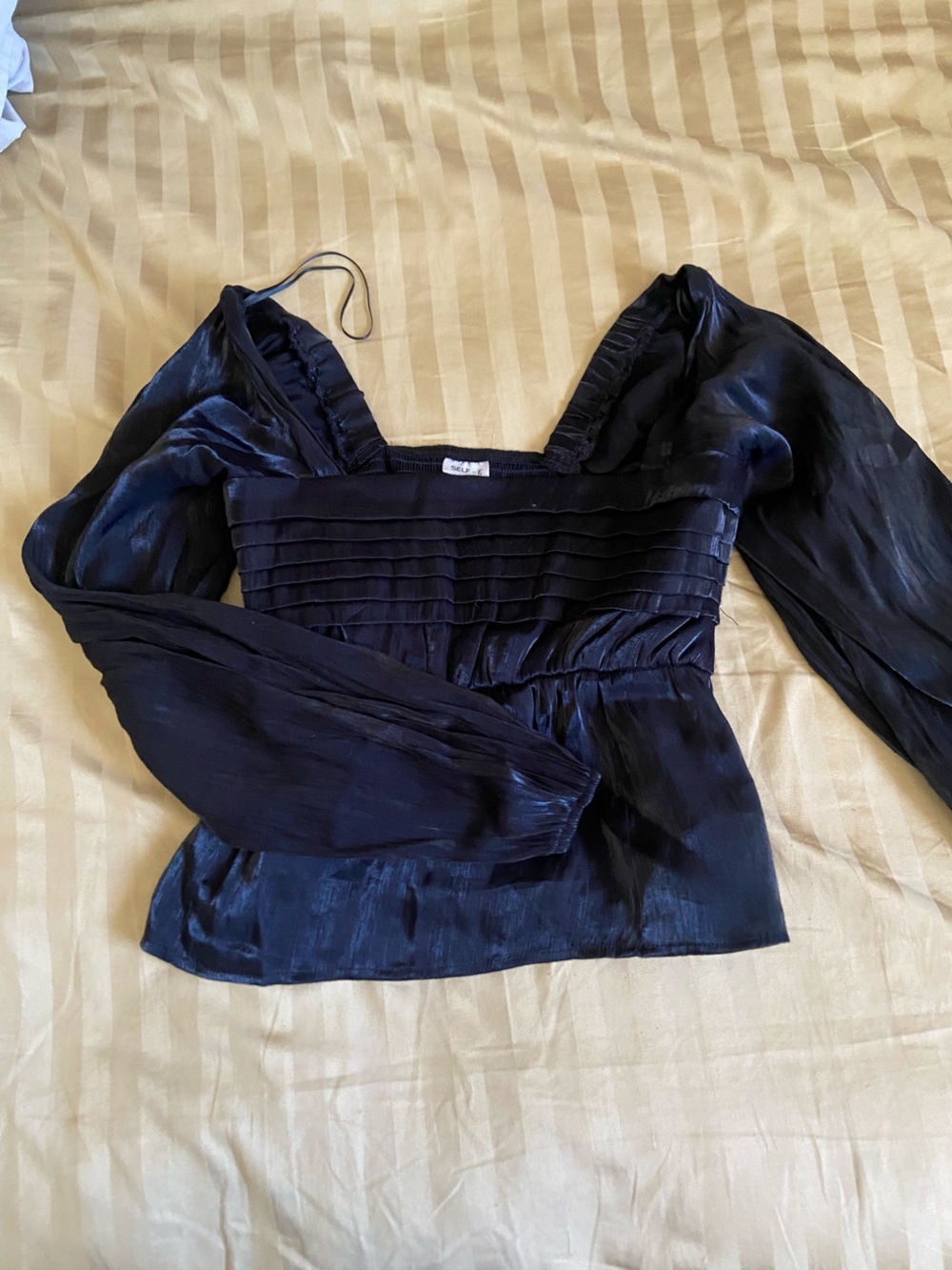 Selfie Leslie Black Satin Long-Sleeve Square Neck Blouse